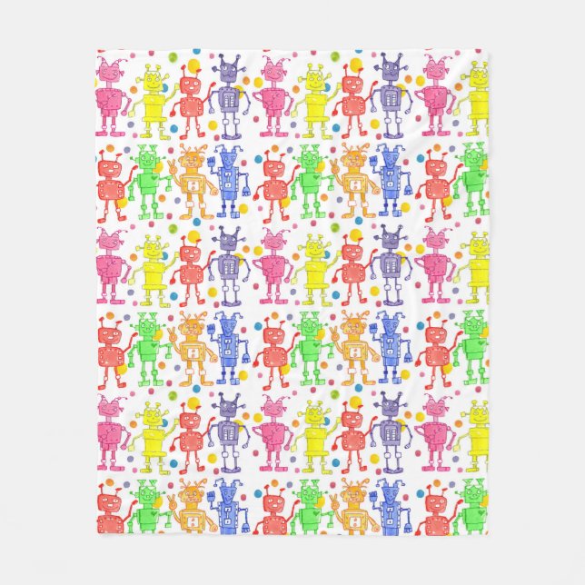 Rainbow Robots Polka Dots Fleecedecke (Vorderseite)