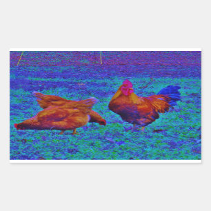 Rainbow Rooster & Hens, Electric Blue Rechteckiger Aufkleber