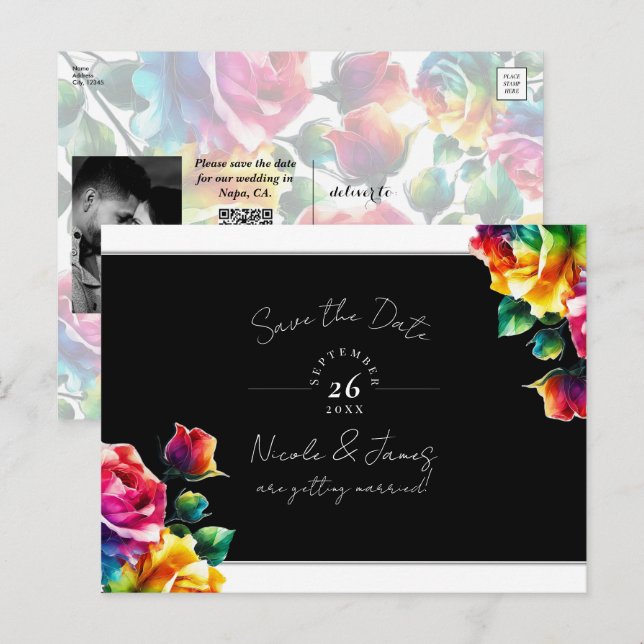 Rainbow-Rose Save the Date schwarz und weiß Ankündigungspostkarte (Vorne/Hinten)