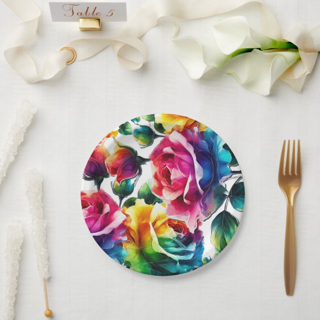 Rainbow-Rose Schwarz & Weiß-Lebende Blumenzehen Pappteller (Hochzeit)