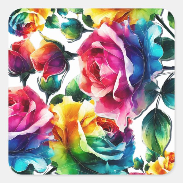 Rainbow-Rose Schwarz & Weiß-Lebende Blumenzehen Quadratischer Aufkleber (Vorderseite)