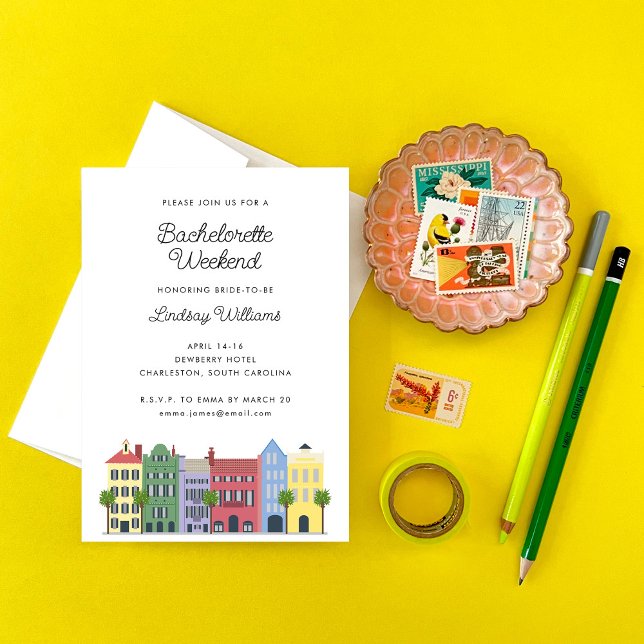 Rainbow Row Girls Weekend Einladung (Rainbow Row Bachelorette Girls Weekend Invitation by Charleston, South Carolina Artist Erika Firm)