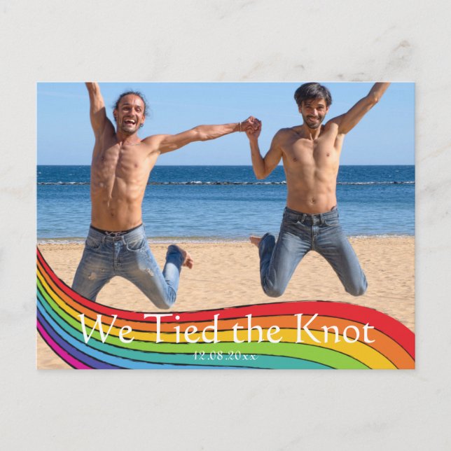 Rainbow Same Gender Foto Wedding Ankündigung Postkarte (Vorderseite)