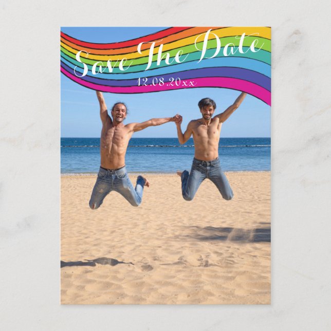 Rainbow Same Gender Foto Wedding Save the Date Postkarte (Vorderseite)