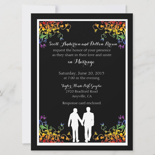 Rainbow Schnörkel Gay Wedding Einladungen (Vorderseite)