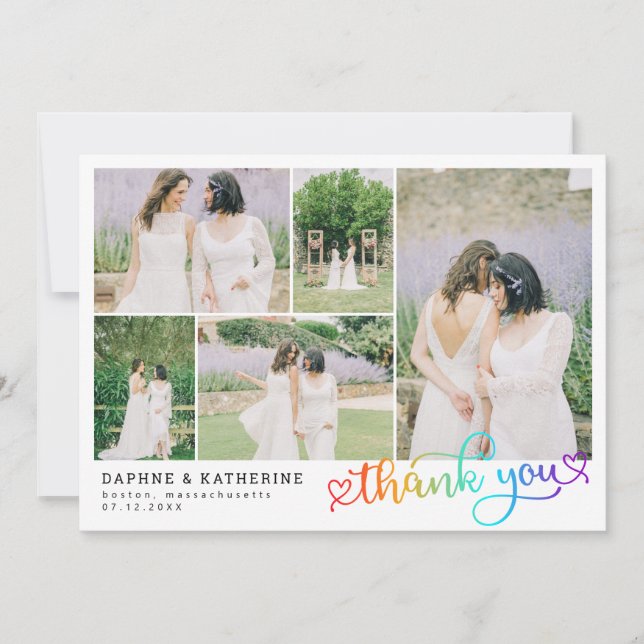 Rainbow Script Wedding Foto Collage Vielen Dank Dankeskarte (Vorderseite)