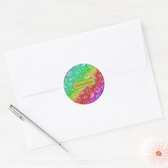 Rainbow Shellfish Muster Name hinzufügen Runder Aufkleber (Umschlag)