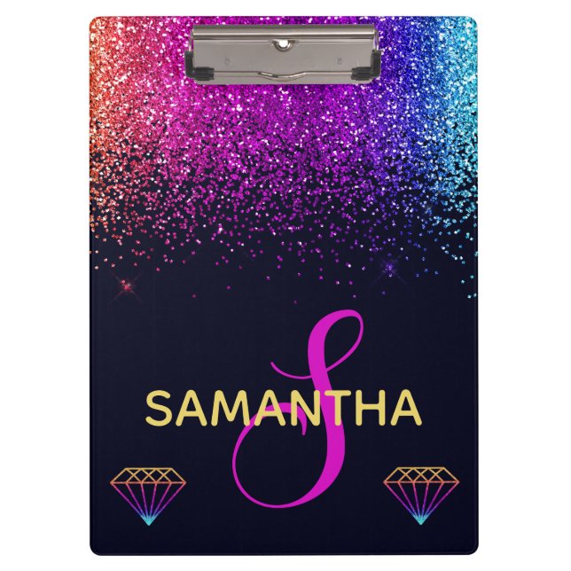 Rainbow Shimmer Glitzer & Diamonds Monogram Klemmbrett (Vorderseite)