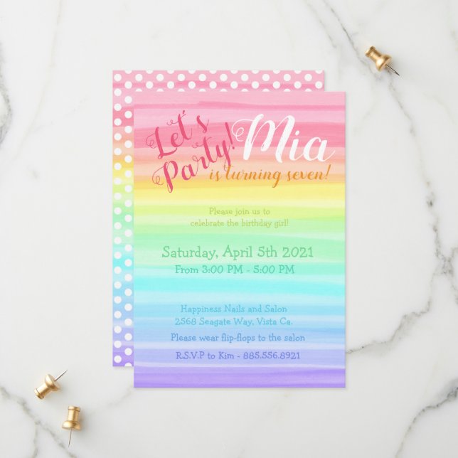 Rainbow Sie Birthday farbenfrohe Wasserfarbe Ombre Save The Date (Vorderseite/Rückseite Beispiel)