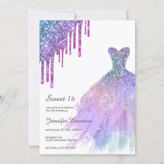 Rainbow Silber Dress Glitzer Tropfen 16 . Geburtst Einladung