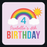 Rainbow Sky Lila Girls Geburtstagsparty Quadratischer Aufkleber<br><div class="desc">Die niedliche Geburtstagsfeier dieses Mädchens mit einem farbenfrohen,  hellen Regenbogen-Design mit flauschigen Wolken und Sommersonne. Personalisieren Sie Ihre Kinder mit dem Namen und dem Geburtstag Ihres Kindes. Leicht lila Hintergrund mit mädchenhaften Regenbogenfarben: Rot,  Orange,  Gelb,  Heiß-Rosa,  Grün,  aquamarin,  Königblau und Violett lila.</div>