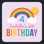 Rainbow Sky Lila Girls Geburtstagsparty Quadratischer Aufkleber<br><div class="desc">Die niedliche Geburtstagsfeier dieses Mädchens mit einem farbenfrohen,  hellen Regenbogen-Design mit flauschigen Wolken und Sommersonne. Personalisieren Sie Ihre Kinder mit dem Namen und dem Geburtstag Ihres Kindes. Leicht lila Hintergrund mit mädchenhaften Regenbogenfarben: Rot,  Orange,  Gelb,  Heiß-Rosa,  Grün,  aquamarin,  Königblau und Violett lila.</div>