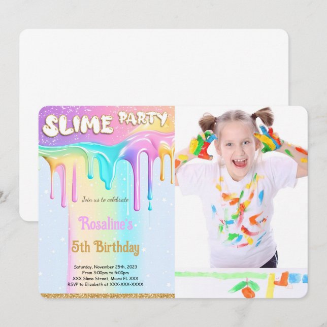 Rainbow Slime Birthday Party Foto Einladung (Vorne/Hinten)