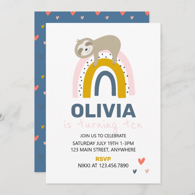 Rainbow Sloth Invitation de fête d'anniversaire (Devant / Derrière)