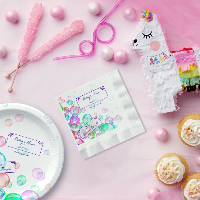 Rainbow Soap Bubbles Baby Dusche Serviette (Colorful soap bubble baby shower customizable paper napkin with matched paper plate on a party table)