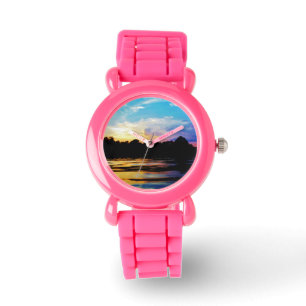 Rainbow-Sonnenuntergang auf dem Bergsee Armbanduhr