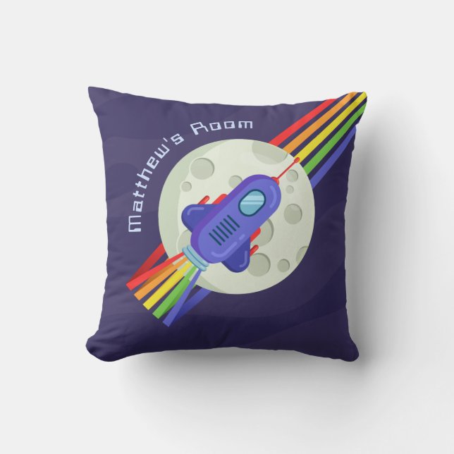 Rainbow Space Rocket Kinderzimmer Kissen (Vorderseite)