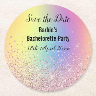 RAINBOW SPARKL ELEGANT SAVE THE DATE Bachelorette Runder Pappuntersetzer
