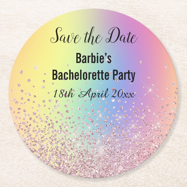 RAINBOW SPARKL ELEGANT SAVE THE DATE Bachelorette Runder Pappuntersetzer (Vorderseite)