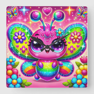 Rainbow Sparkle Butterfly Quadratische Wanduhr