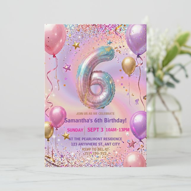 Rainbow Sparkle Glitter 6th Birthday Party Einladung (Stehend Vorderseite)