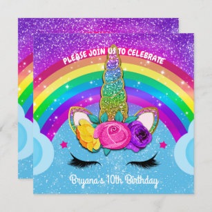 Rainbow Sparkle Glittery Unicorn Horn Face Party Einladung