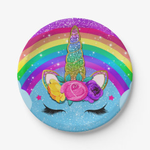 Rainbow Sparkle Glittery Unicorn Horn Face Party Pappteller