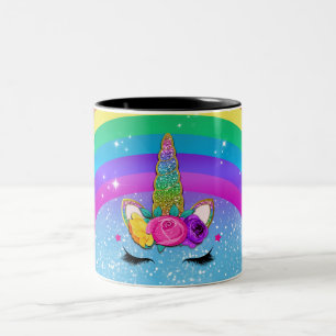 Rainbow Sparkle Glittery Unicorn Horn Face Zweifarbige Tasse