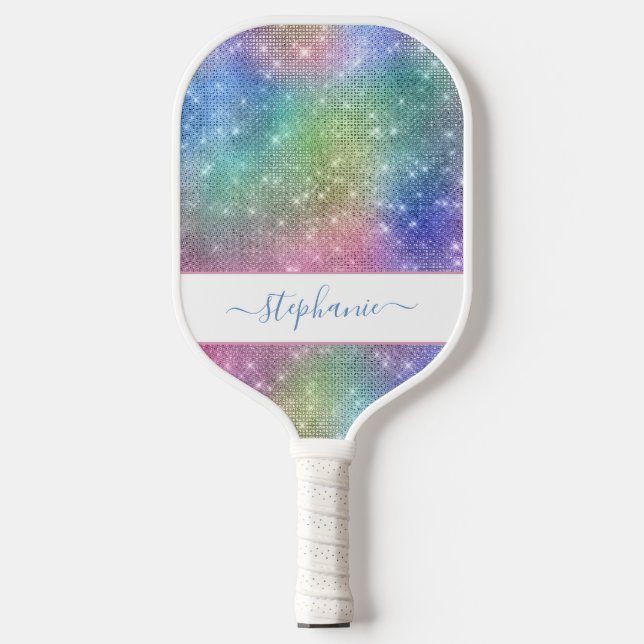 Rainbow Sparkle Glitzer Girly Glam Personalisiert Pickleball Schläger (Vorderseite)