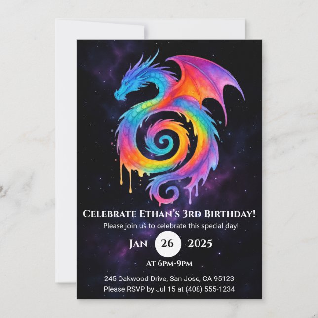 Rainbow Spiral Dragon Birthday Invitation Einladung (Vorderseite)