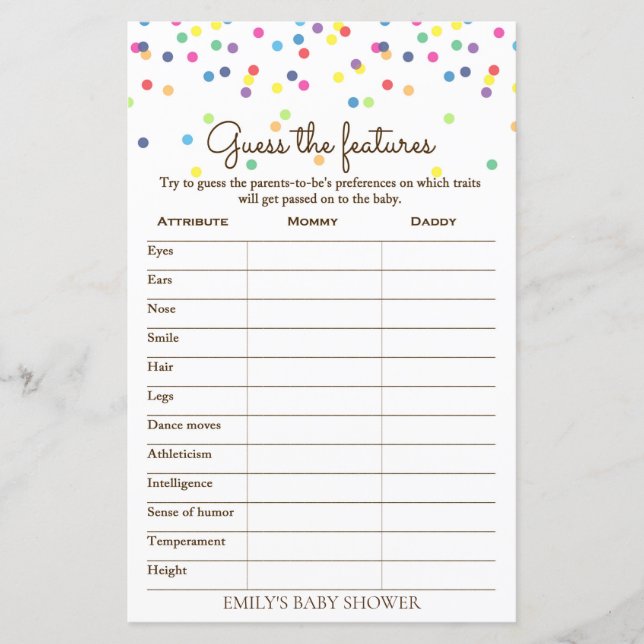 Rainbow Sprinkle Baby Showspiel DRUCKT (Vorderseite)