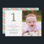 Rainbow Sprinkles 1. Geburtstag Party Einladung<br><div class="desc">Feiern Sie das erste Jahr Ihres Kleinen mit Freude und Farbe mit dieser herrlichen 1. Geburtstagsfeier, die perfekt das Wesen eines Regenbogensprinkle-Themas einfängt. Die Einladung ist mit einem knalligen, weißen Hintergrund versehen und schafft eine saubere und frische Leinwand, die den lebendigen Farben einen echten Pop verleiht. Im Mittelpunkt des Designs...</div>