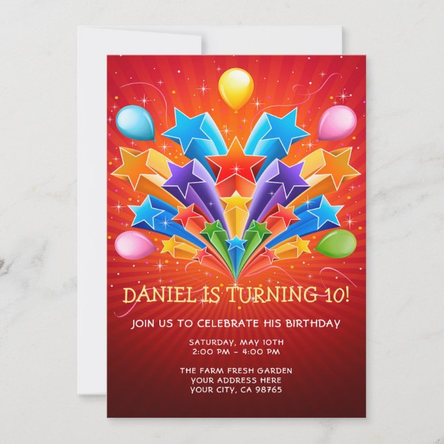 Rainbow Starburst Balloon 10th Birthday Invitation (Devant)