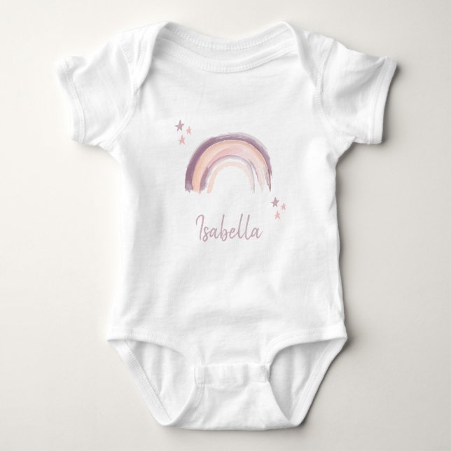 Rainbow & Stars Boho Mute Pink Baby Name Strampler (Vorderseite)