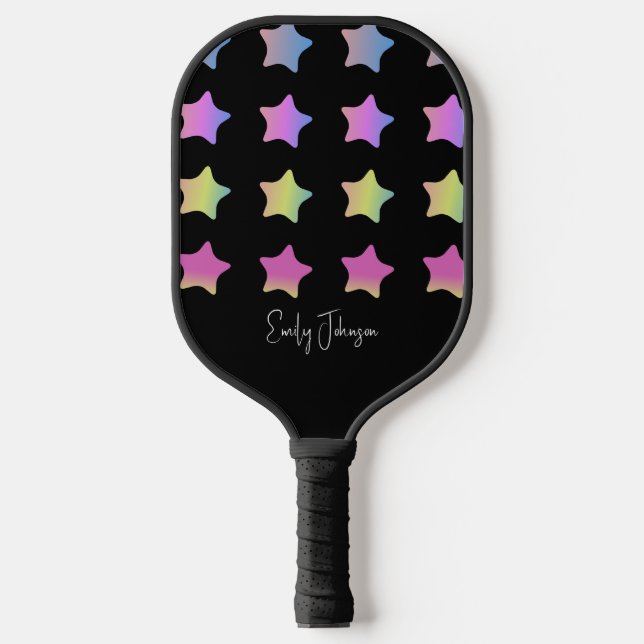 Rainbow Stars Gradient Black Script Name Pickleball Schläger (Vorderseite)