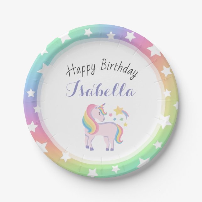 Rainbow Stars & Magical Unicorn Happy Birthday Pappteller (Vorderseite)