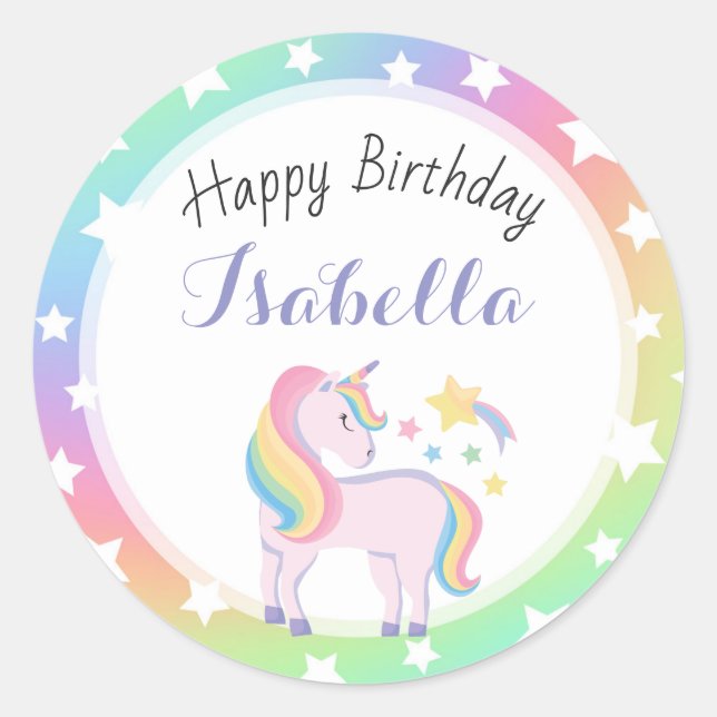 Rainbow Stars & Magical Unicorn Happy Birthday Runder Aufkleber (Vorderseite)