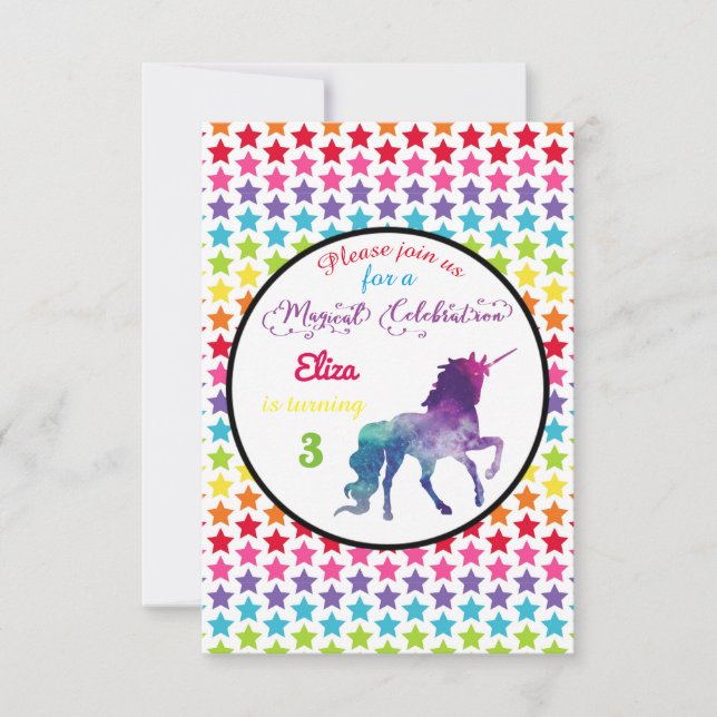 Rainbow Stars Unicorn - 3x5 Einladung zum Geburtst (Vorderseite)