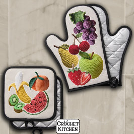 Rainbow Stickerbomb Crochet Fruit Collage Ofenhandschuh & Topflappen-Set