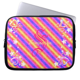 Rainbow Stripe Monogram Name Sparkle Hearts Girly Laptopschutzhülle