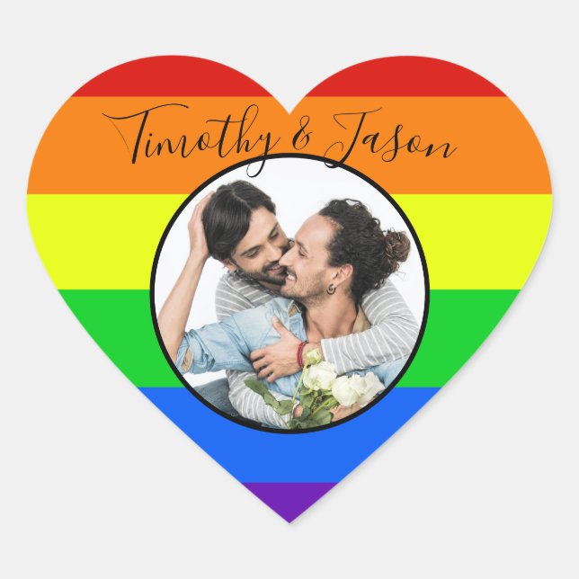 Rainbow Striped Custom Heart Foto LGBTQ Hochzeit Herz-Aufkleber (Vorderseite)