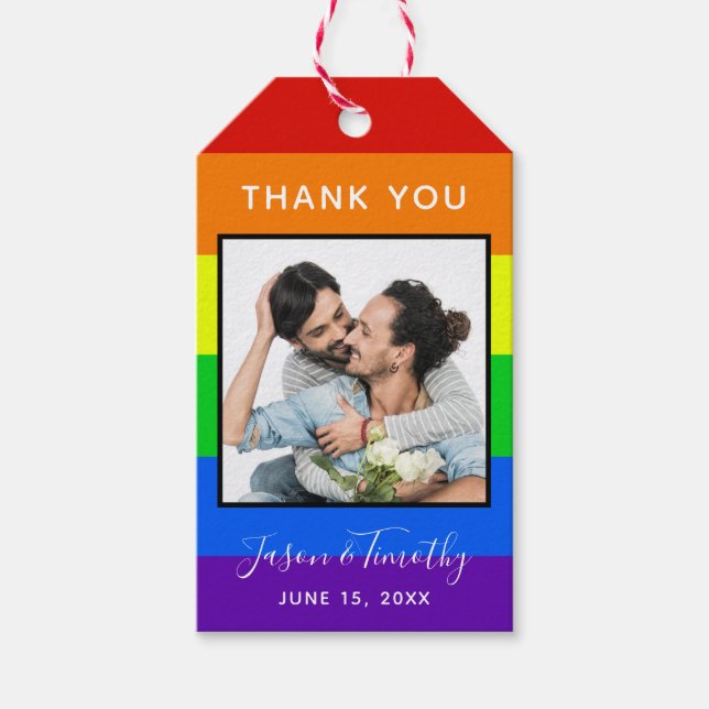 Rainbow Striped Foto LGBTQ Couple Wedding Geschenkanhänger (Vorderseite)