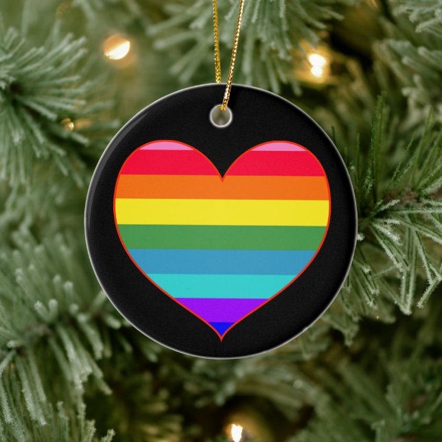 Rainbow Stripes Herz Keramik Ornament (Baum)