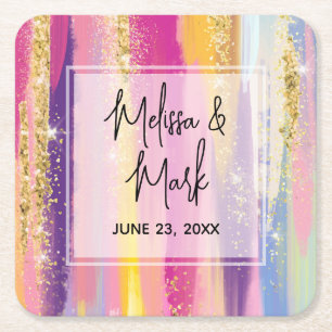 Rainbow Stripes mit Imitate Gold Glitzer Hochzeit Rechteckiger Pappuntersetzer
