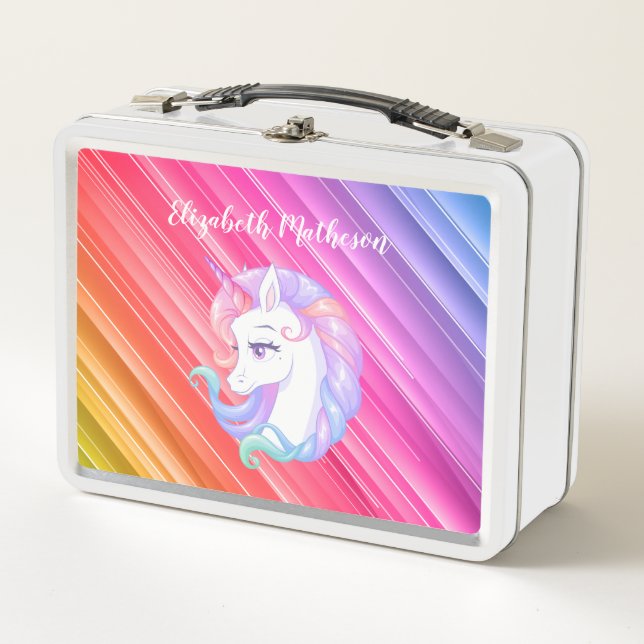 Rainbow Stripes Unicorn Pony Girly Metall Brotdose (Vorderseite)