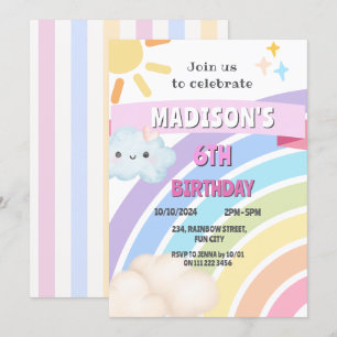 Rainbow Sun Cloud Kids Girl Niedlich Kawaii Geburt Einladung