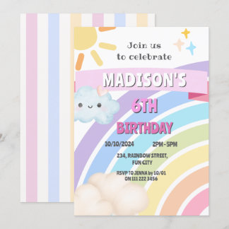 Rainbow Sun Cloud Kids Girl Niedlich Kawaii Geburt Einladung