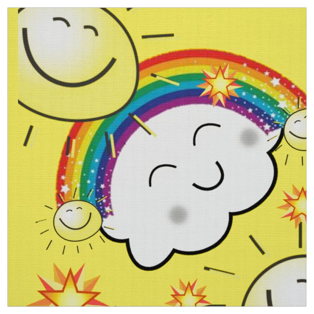 Rainbow Sun Clouds Gelbes Gewebe Stoff (Muster)