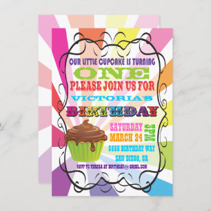 Rainbow Sunburst Cupcake Invitation de fête d'anni