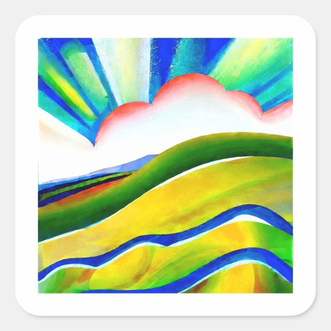 Rainbow Sunburst Landschaft Quadratischer Aufkleber (Vorderseite)